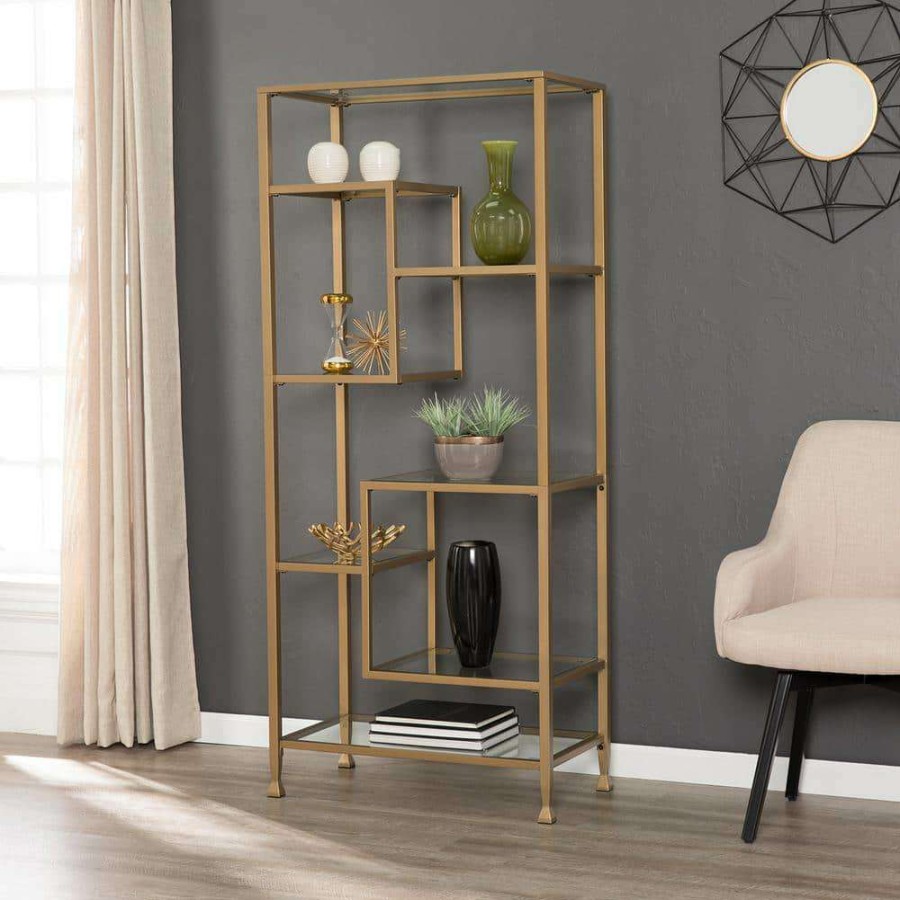 Home Office Furniture * | 68 In. Gold Metal 7-Shelf Etagere Bookcase With Open Back By Southern Enterprises