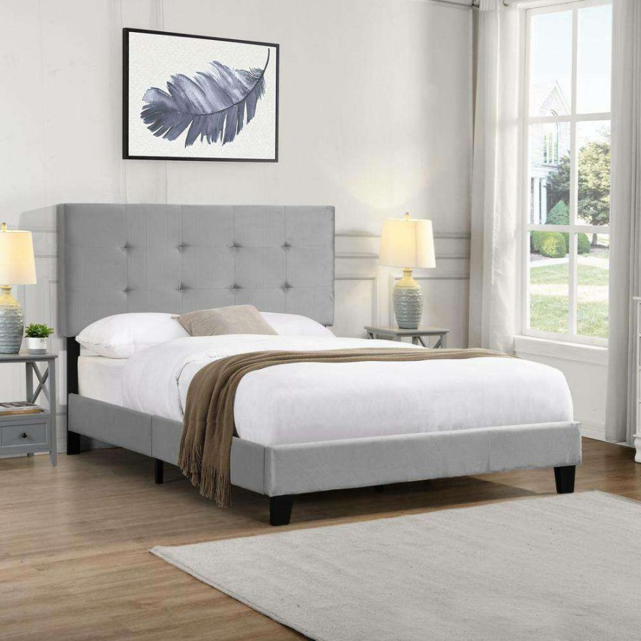 Bedroom Furniture * | Gray Queen Size Upholstered Platform Bed Frame With Pull Point Tufted Headboard And Strong Wood Slat Support By Huluwat