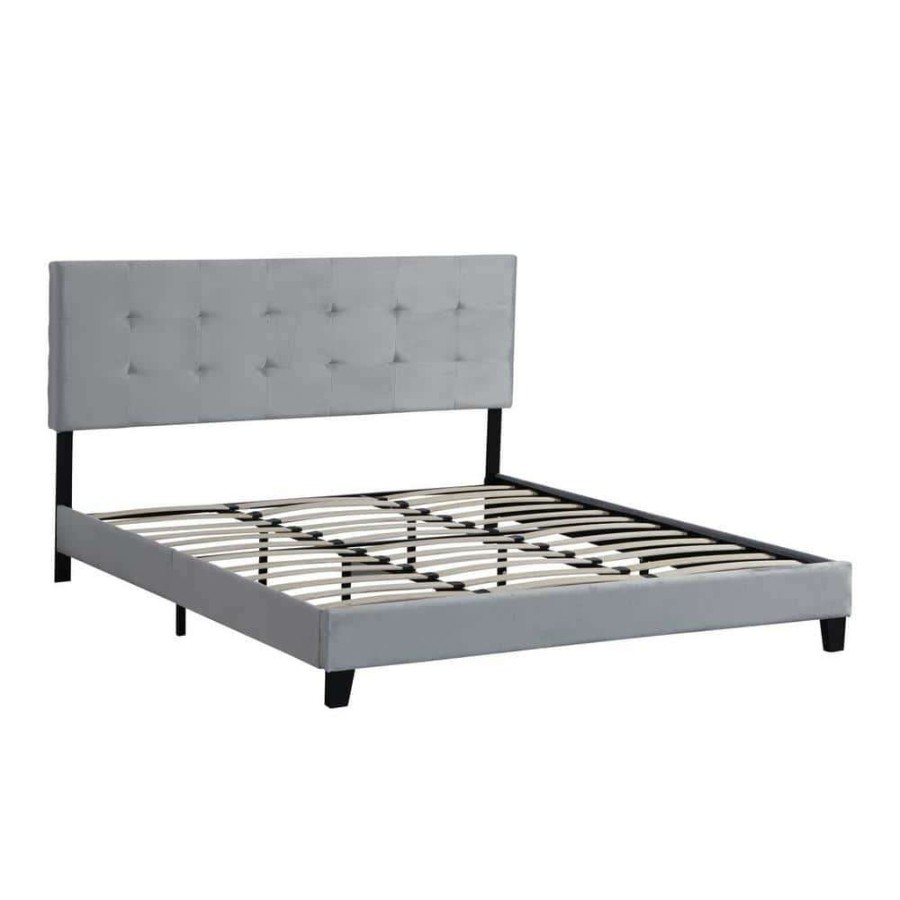 Bedroom Furniture * | Gray King Size Upholstered Platform Bed Frame With Pull Point Tufted Headboard And Strong Wood Slat Support By Huluwat