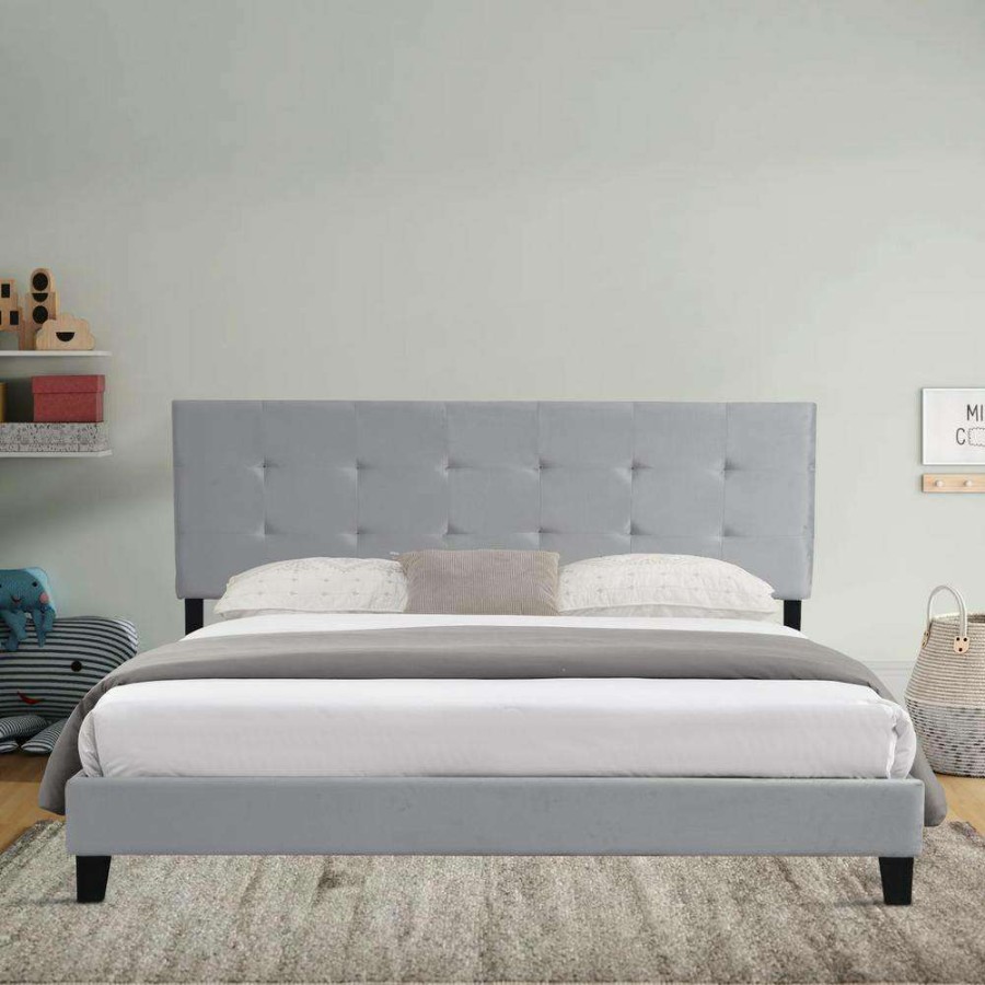 Bedroom Furniture * | Gray King Size Upholstered Platform Bed Frame With Pull Point Tufted Headboard And Strong Wood Slat Support By Huluwat