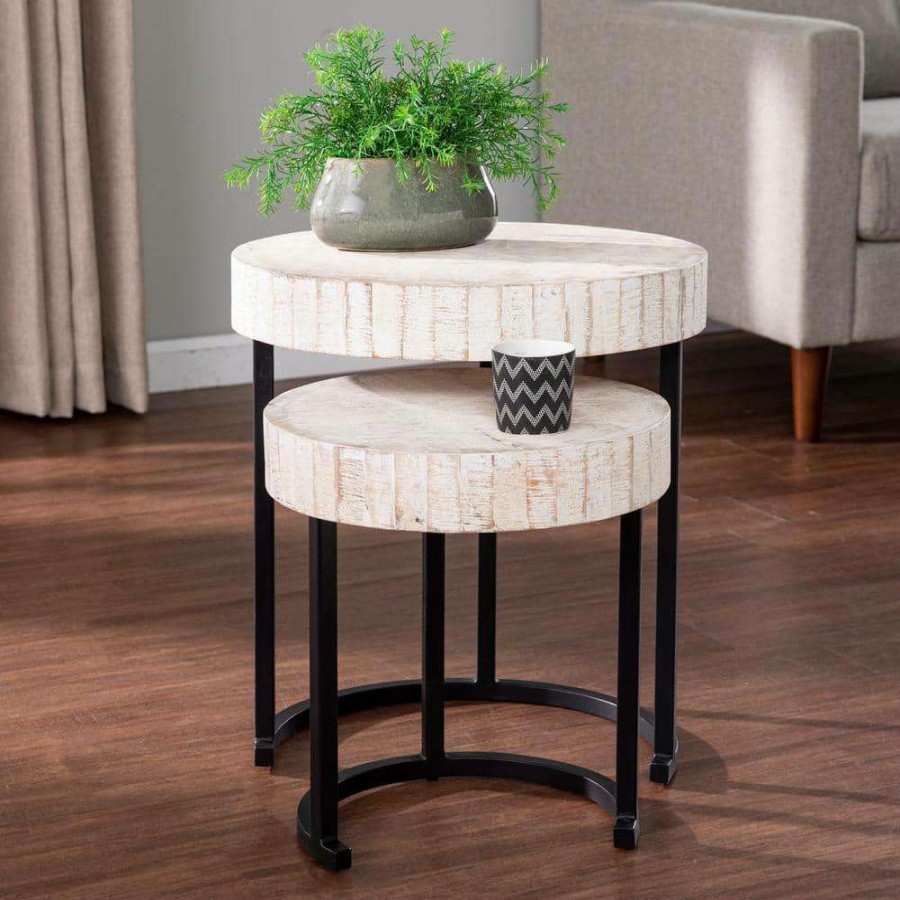 Living Room Furniture * | Jaysend Whitewashed Wood Nesting Side Table Set 2-Pieces By Southern Enterprises