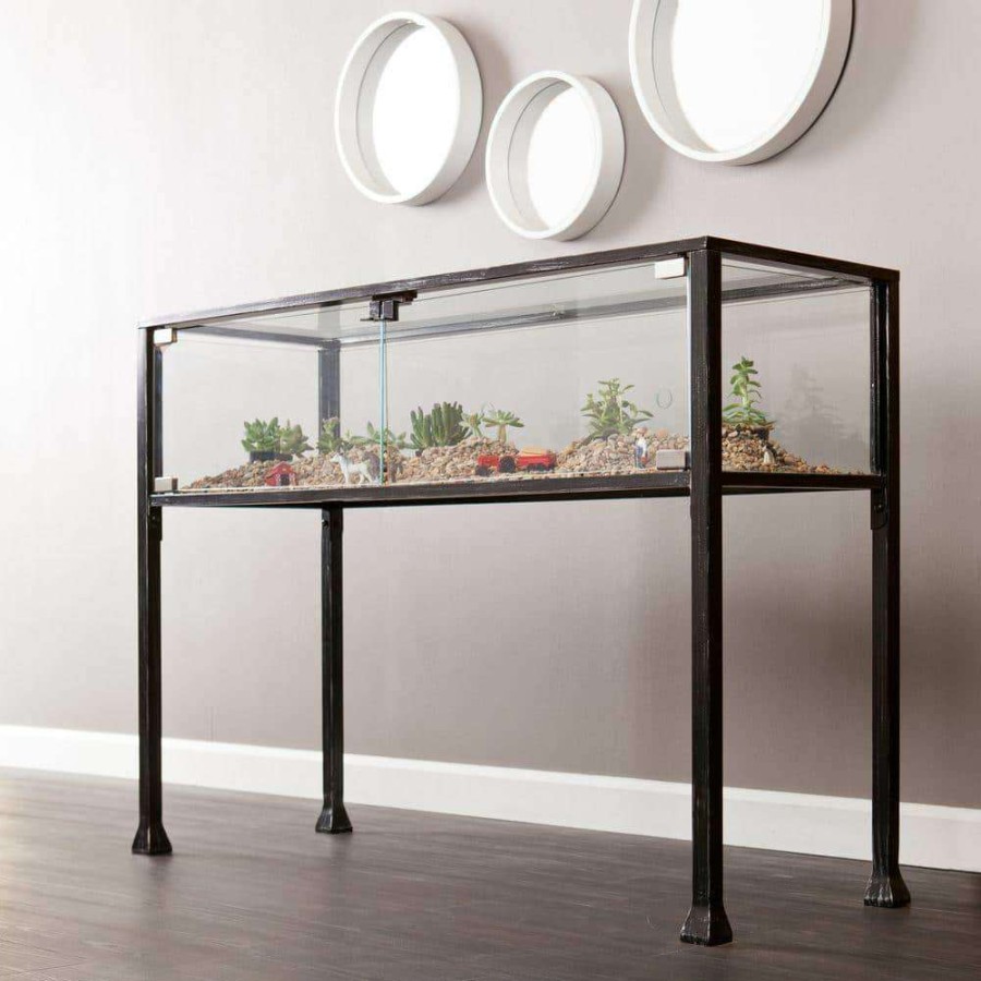 Living Room Furniture * | 43 In. Black Standard Rectangle Glass Console Table With Storage By Southern Enterprises