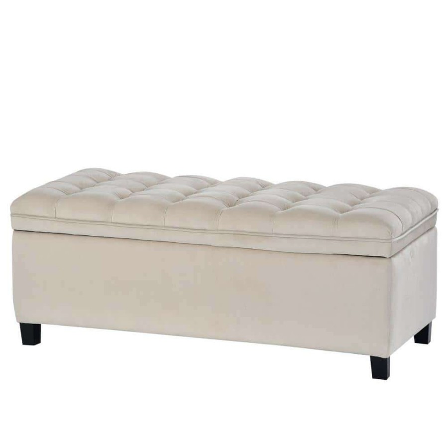 Bedroom Furniture * | Beige Upholstered Flip Top Storage Bench With Button Tufted Top (16.1 In. H X 46.5 In. W X 20.1 In. D) By Huluwat