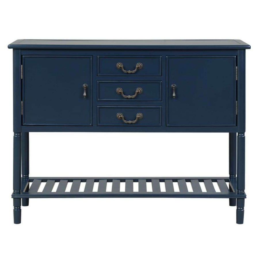 Living Room Furniture * | 45 In. Navy Blue Modern Rectangle Solid Wood Console Table For Living Room With 3-Drawers, 2-Cabinets And 1-Shelf By Huluwat