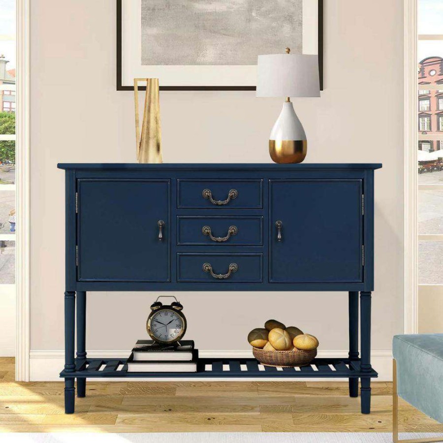 Living Room Furniture * | 45 In. Navy Blue Modern Rectangle Solid Wood Console Table For Living Room With 3-Drawers, 2-Cabinets And 1-Shelf By Huluwat