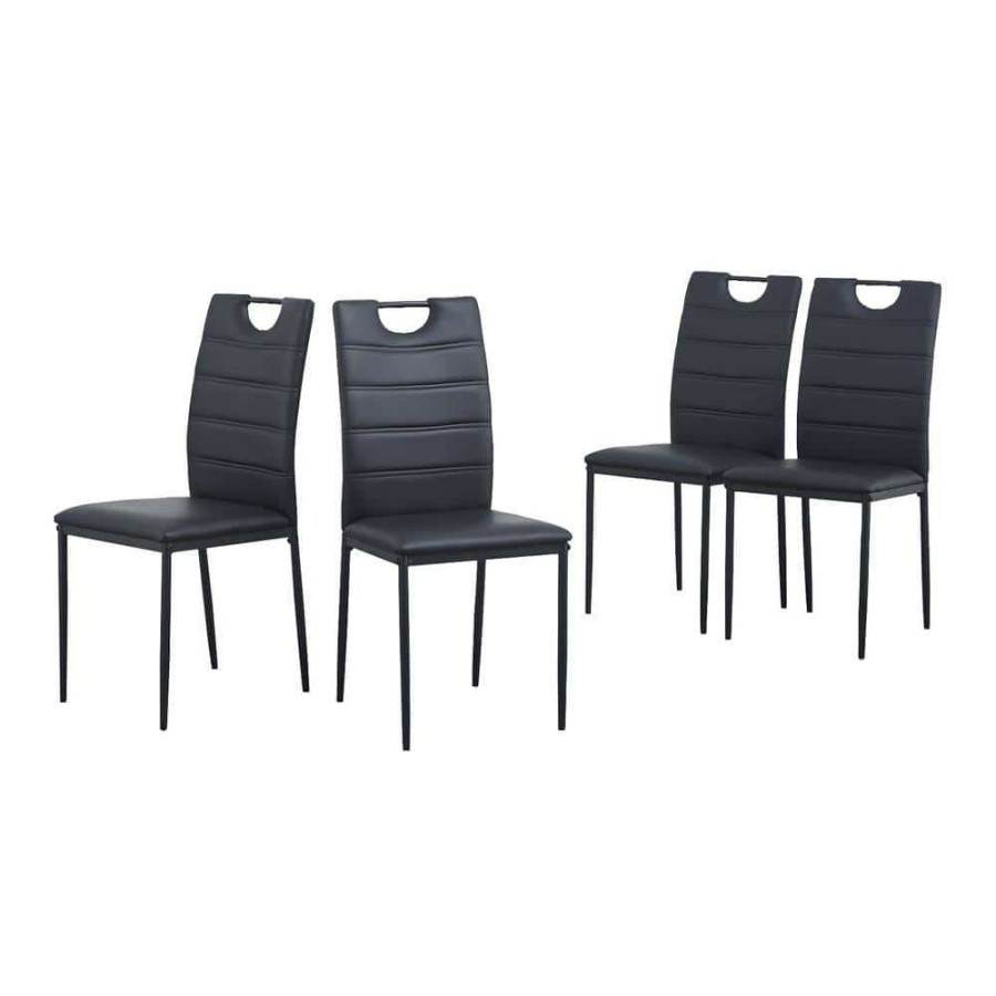 Kitchen & Dining Room Furniture * | Black Leather Painted Metal Leg Modern Dining Chair With Cushion And High Back (Set Of 4) By Huluwat