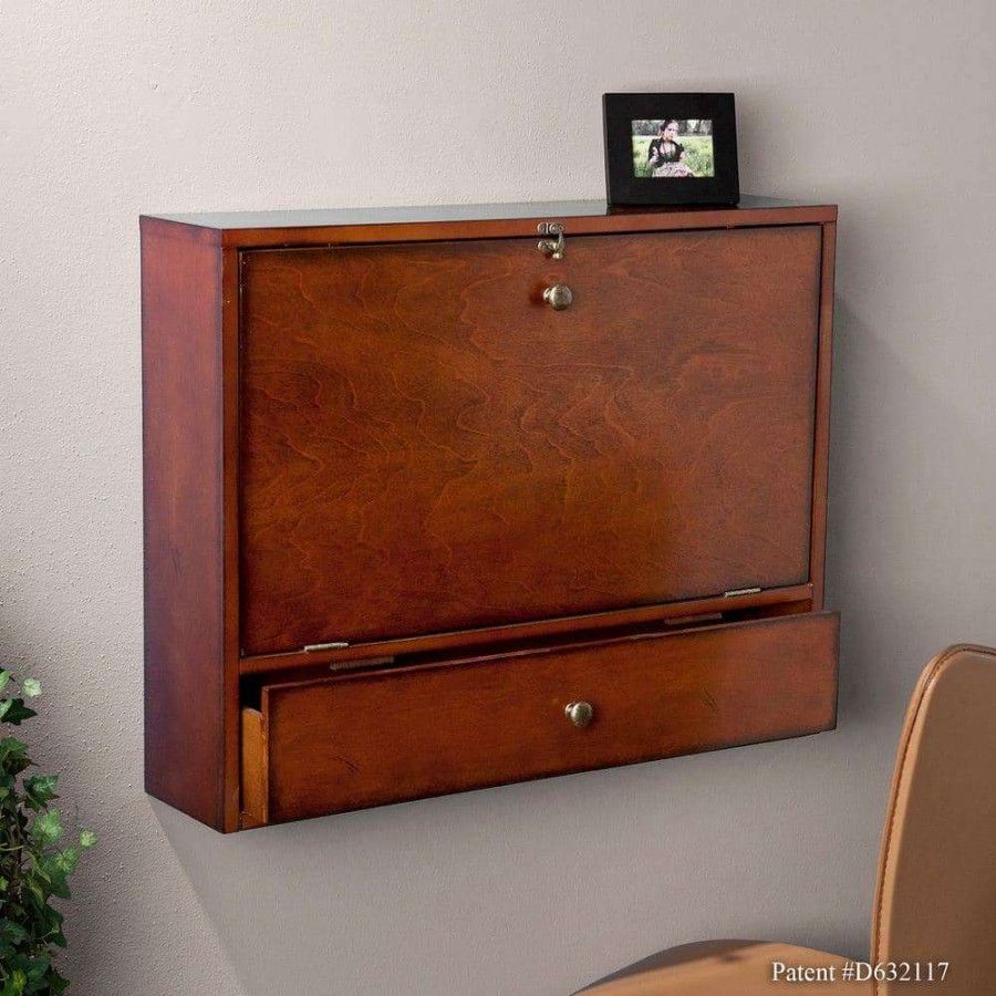 Home Office Furniture * | 26 In. Mahogany Brown Rectangular 1 -Drawer Floating Desk With Wall Mounted Feature By Southern Enterprises