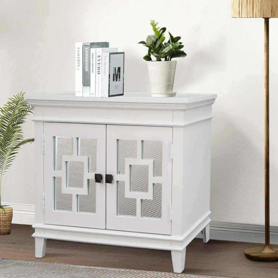 Home Office Furniture * | White Accent Storage Wooden Cabinet With Decorative Mirror Door By Huluwat