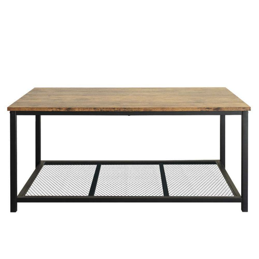 Living Room Furniture * | 41.7 In. Rustic Brown Small Rectangle Particle Board Coffee Table With Steel Frame And A Mesh Shelf By Huluwat