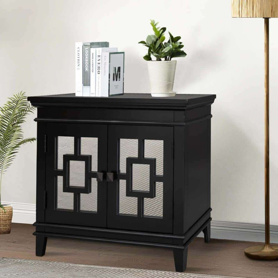 Living Room Furniture * | Black Accent Storage Wooden Cabinet With Decorative Mirror Door By Huluwat