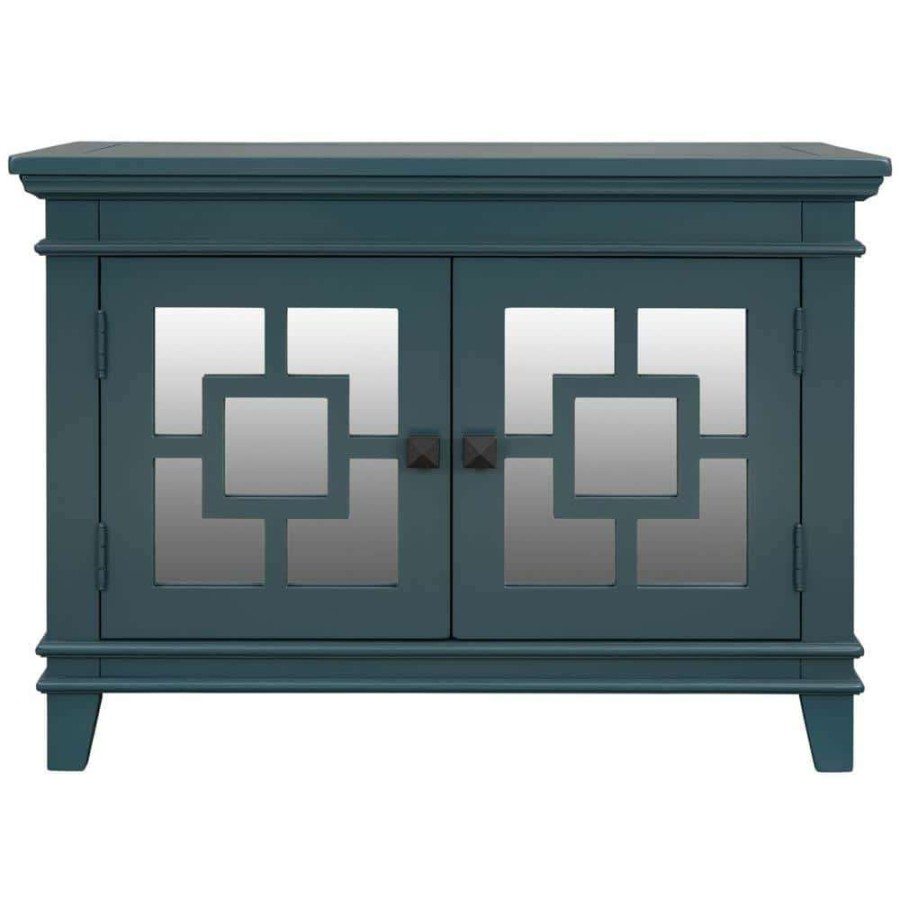 Living Room Furniture * | Blue Accent Storage Wooden Cabinet With Decorative Mirror Door By Huluwat