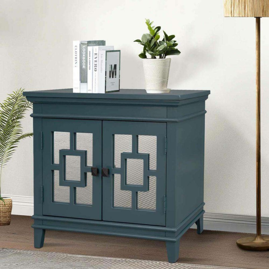 Living Room Furniture * | Blue Accent Storage Wooden Cabinet With Decorative Mirror Door By Huluwat