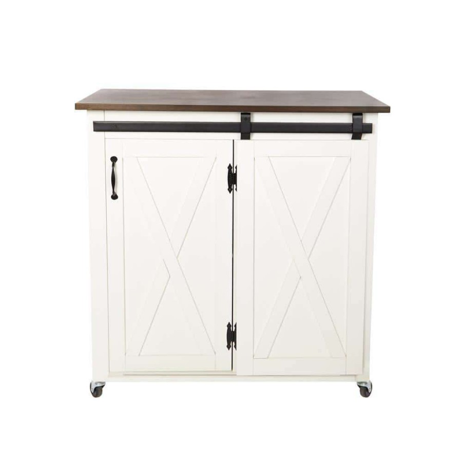 Kitchen & Dining Room Furniture * | Leake White Kitchen Cart With Barn Door By Southern Enterprises