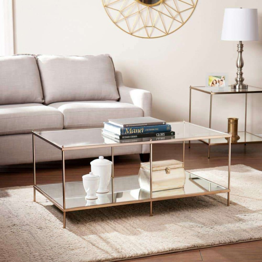 Living Room Furniture * | Pandora 43 In. Warm Gold Large Rectangle Glass Coffee Table With Shelf By Southern Enterprises