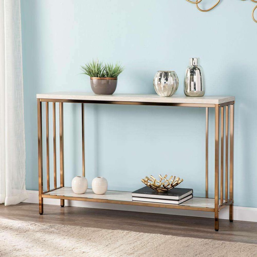 Living Room Furniture * | Rippert 48 In. Champagne/White Rectangle Stone Console Table With Storage By Southern Enterprises