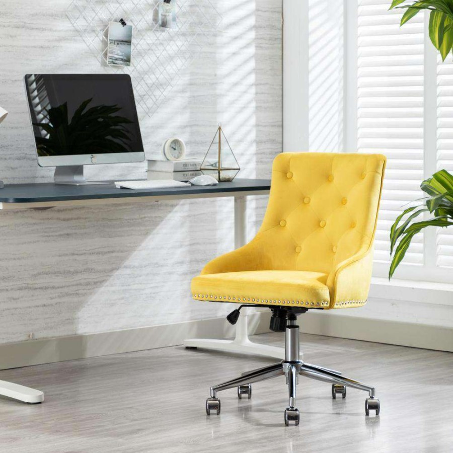 Home Office Furniture * | Yellow Velvet Seat Office Chair With Adjustable Height By Huluwat