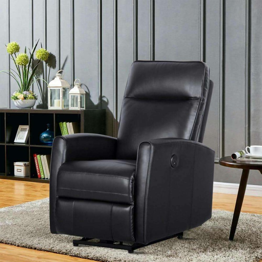 Living Room Furniture * | Black Leather Recliner With Power Usb(Set Of 1) By Huluwat