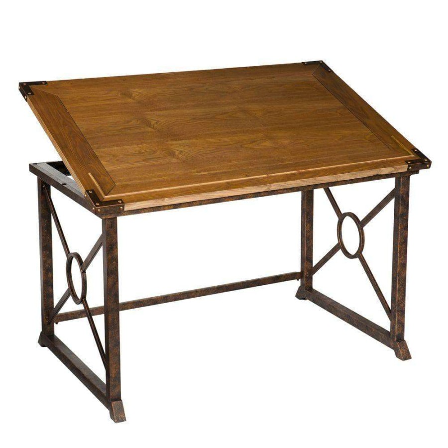 Home Office Furniture * | 51.5 In. Rectangular Weathered Oak/Antique Brass Writing Desks With Adjustable Height By Southern Enterprises