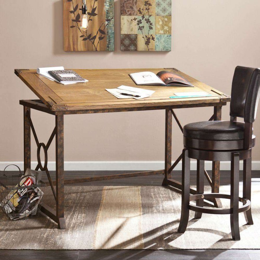 Home Office Furniture * | 51.5 In. Rectangular Weathered Oak/Antique Brass Writing Desks With Adjustable Height By Southern Enterprises