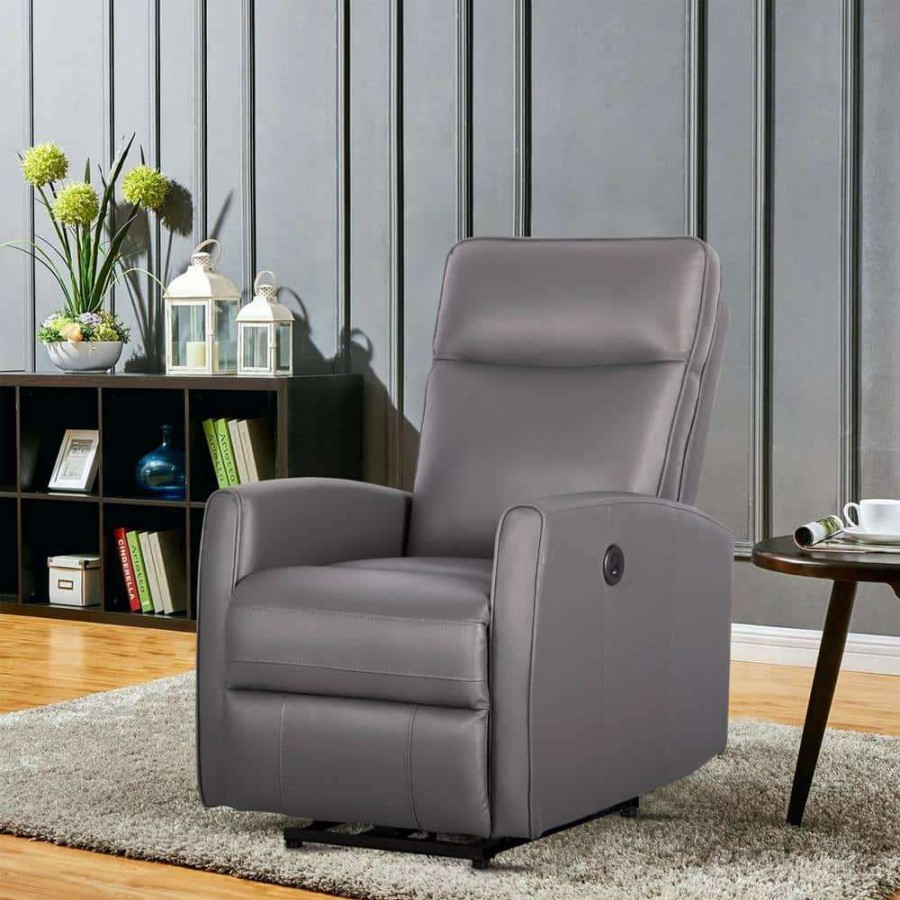 Living Room Furniture * | Gray Leather Recliner With Power Usb(Set Of 1) By Huluwat